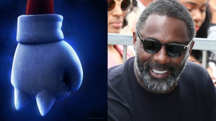 Knuckles fist art for Sonic the Hedgehog 2 movie next to a press photo of Idris Elba.