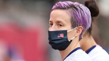 Megan Rapinoe #15 of Team United States is seen wearing a face mask prior to the Women's Semi-Final match between USA and Canada on day ten of the Tokyo Olympics.