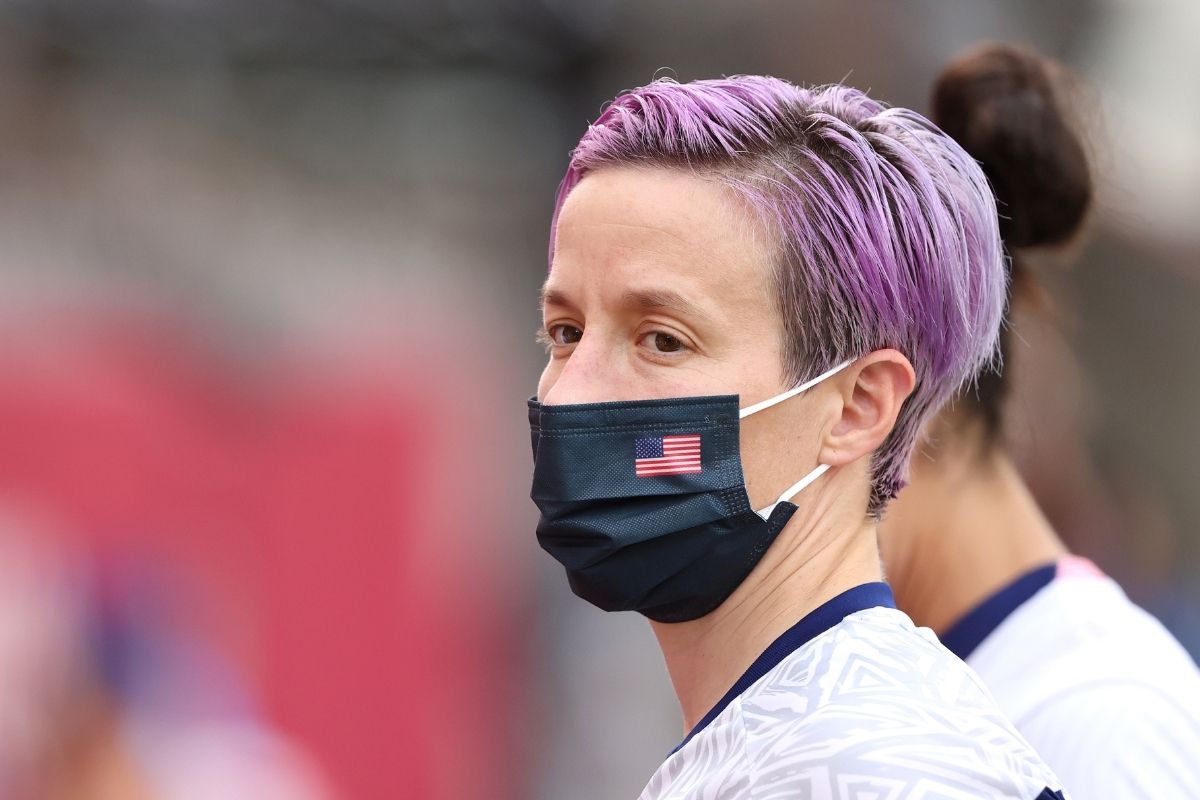 Megan Rapinoe #15 of Team United States is seen wearing a face mask prior to the Women's Semi-Final match between USA and Canada on day ten of the Tokyo Olympics.