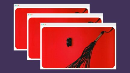 Leather whip on red background in a browser window three times.
