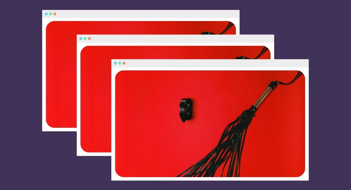 Leather whip on red background in a browser window three times.