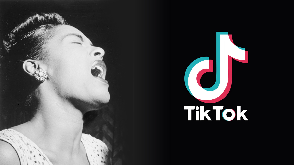 Billie Holiday singing next to the logo of TikTok. (Image: William P. Gottlieb and TikTok)
