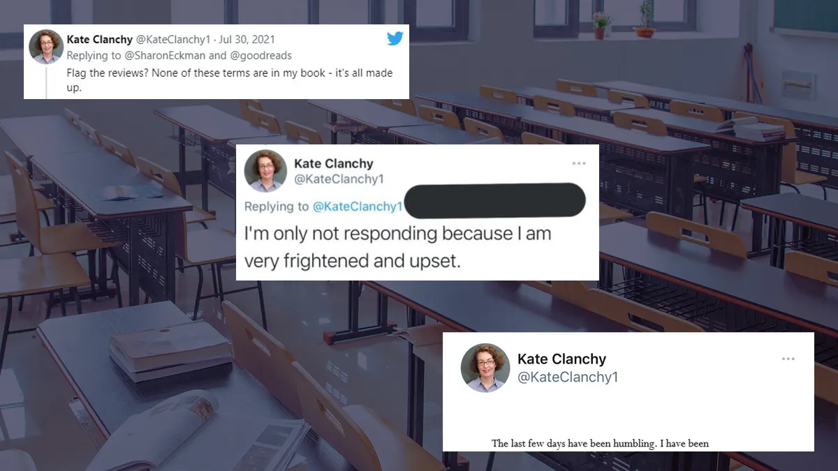 Tweets by Clanchy over an image of an empty classroom. (by 潜辉 韦 from Pixabay , and Twitter.)