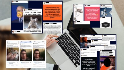 A laptop computer and superimposed posts from the Reddit forum 'Covid19 Ate my Face'