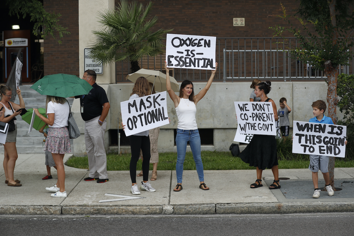 Families protest any potential mask mandates before the Hillsborough County Schools Board meeting