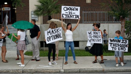 Families protest any potential mask mandates before the Hillsborough County Schools Board meeting