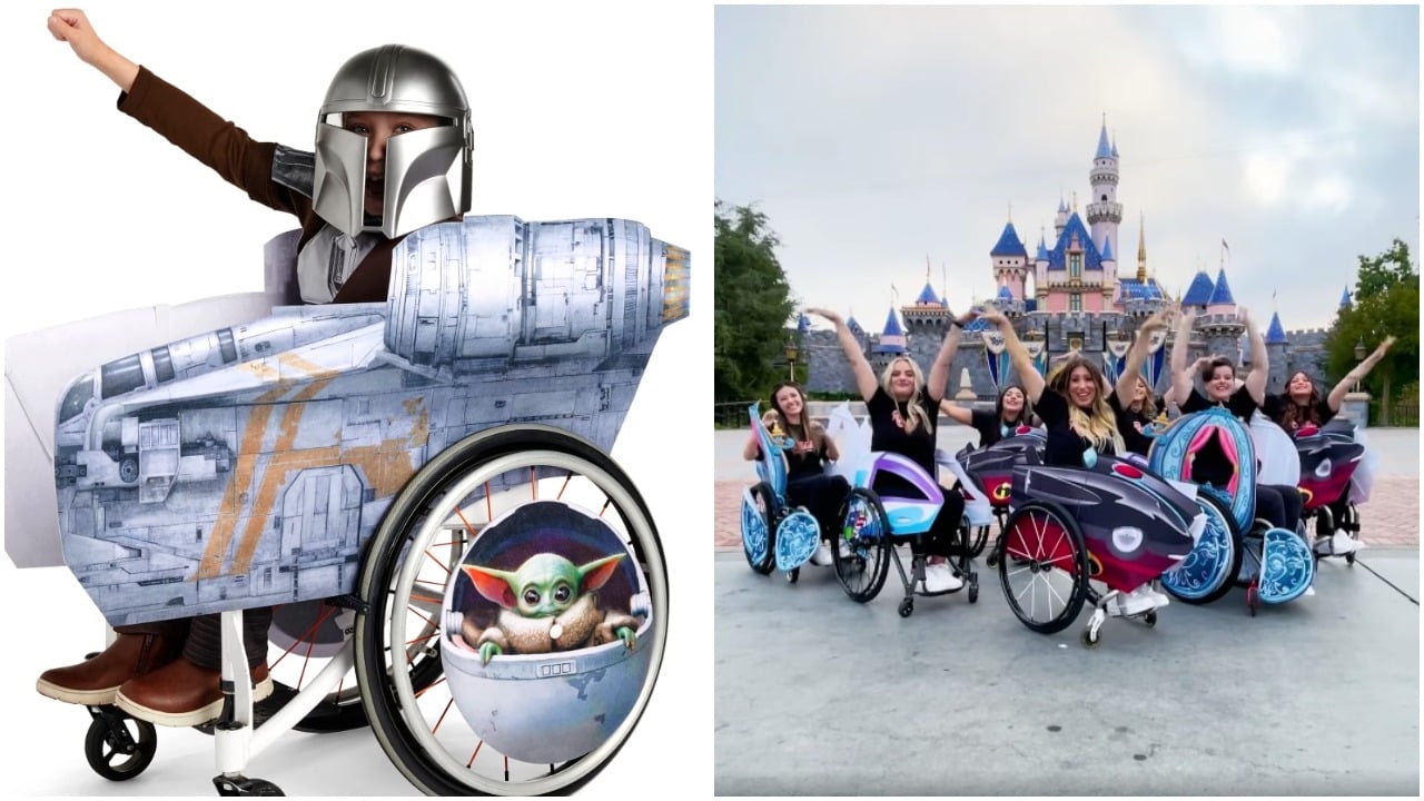 On the left, a child in a wheelchair wearing a Mandalorian costume; on the right, a group of wheelchair dancers wearing disney wheelchair covers