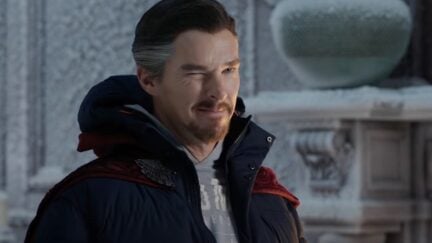 Benedict Cumberbatch as Doctor Strange wearing winter gear and a cloak in the Spider-Man No Way Home trailer