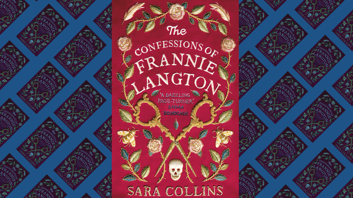 Cover of Sara Collin's book "The Confessions of Frannie Langton." Pattern made of books under.