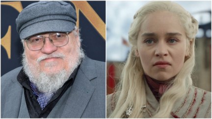 Split image of author George R.R. Martin and Emilia Clarke scowling as Daenerys on HBO's Game of Thrones