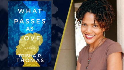 Thomas next to her book. (featured image: Lake Union Publishing, Trisha R. Thomas and Alyssa Shotwell.)