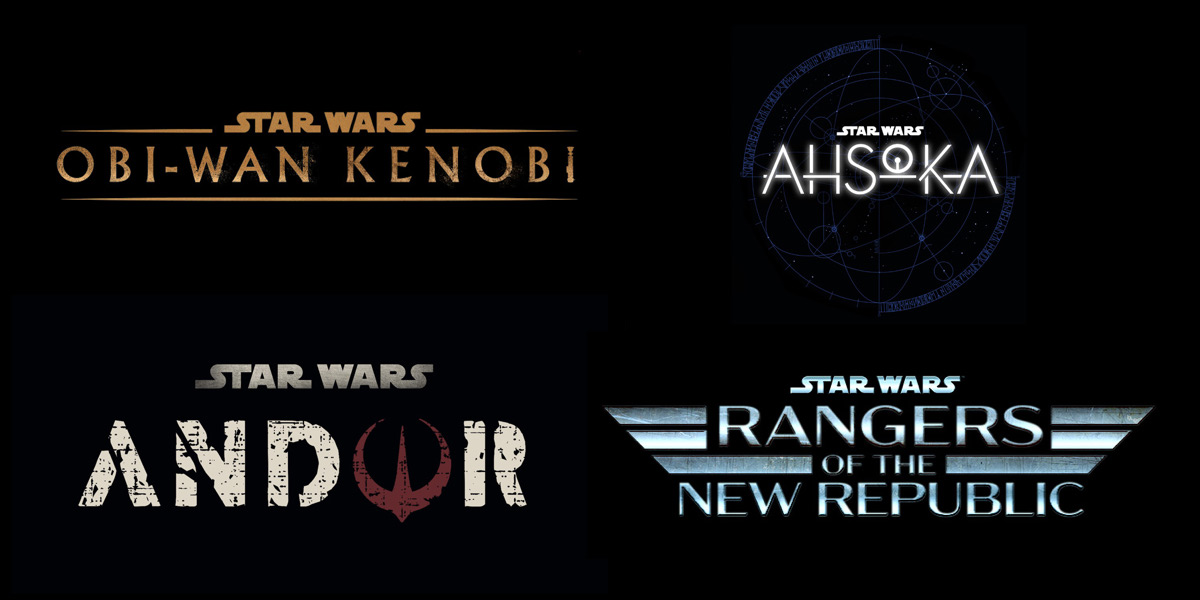 Star Wars TV show logos for Obi-Wan Kenobi, Ahsoka, Andor, and Rangers of the New Republic.