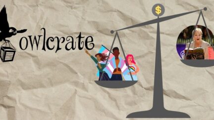 Owlcrate logo next to scales showing the trans community and allies winning over JK Rowling and a mug. (Image: Chip Somodevilla / Getty and Alyssa Shotwell.)