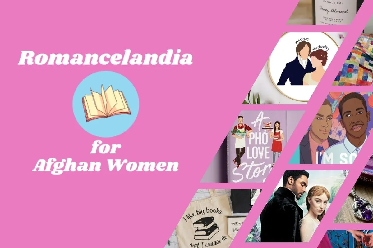 Logo for "Romancelandia for Afghan Women" alongside collage of items in the auction. (Image: Romancelandia for Afghan Women, and Alyssa Shotwell.)