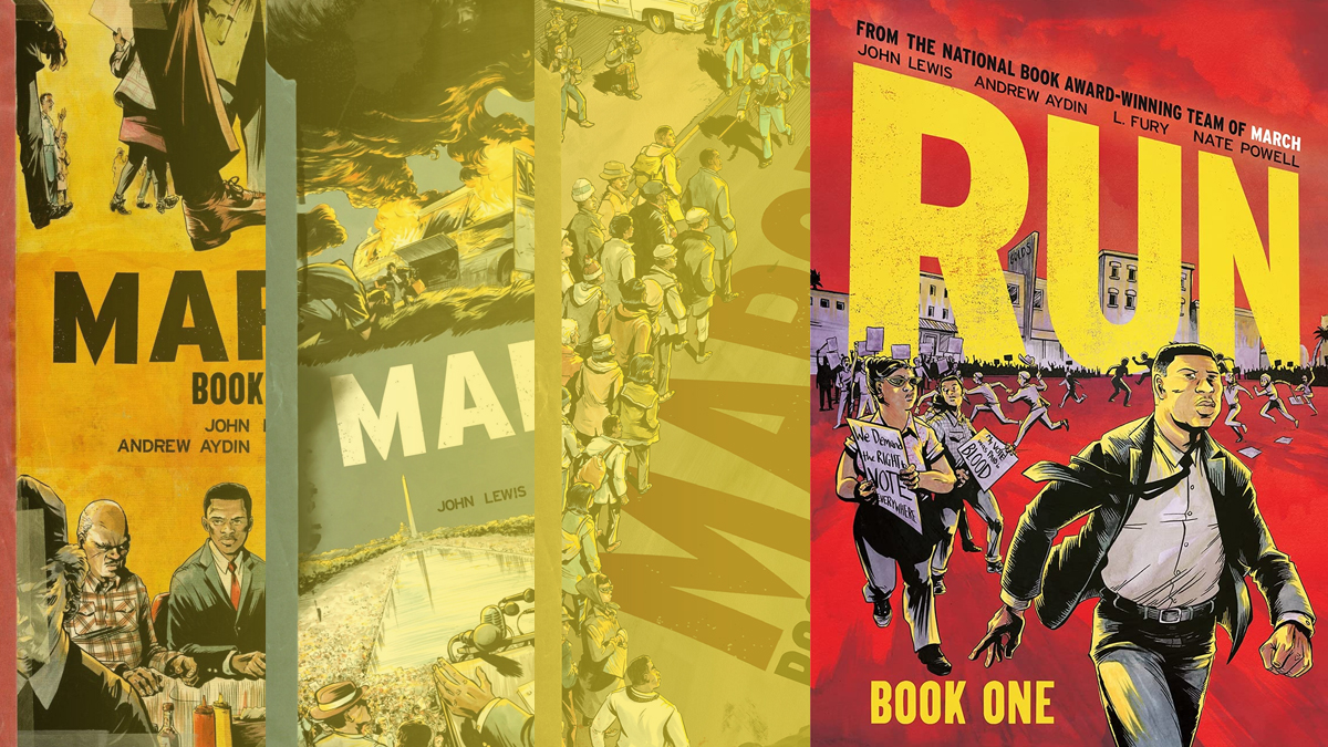Book covers of March Series behind the latest graphic novel "Run."