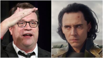 An image of Russell T. Davies next to an image of Tom Hiddleston frowning as Loki on the 'Loki' series