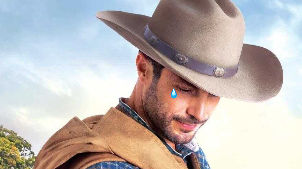 "At Love's Command" book cover by Karen Witemeyer,, featuring a cowboy, edited to show a teardrop falling from his eye. (Image: Bethany House Publishers, emoji)