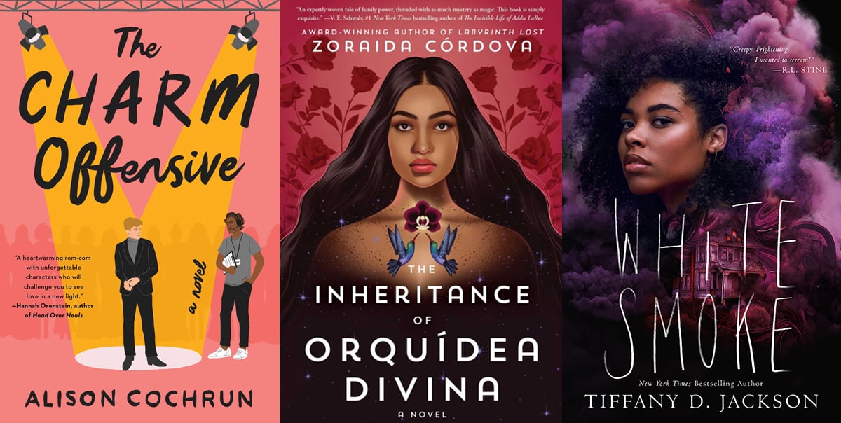 Book covers for "The Charm Offensive," "The Inheritance of Orquídea Divina," and "White Smoke." (Images: Atria Books and Katherine Tegen Books.)