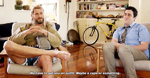 Thor and Darryl doing an interview together as roommates. Thor says, "We have to get you an outfit. Maybe a cape or something."