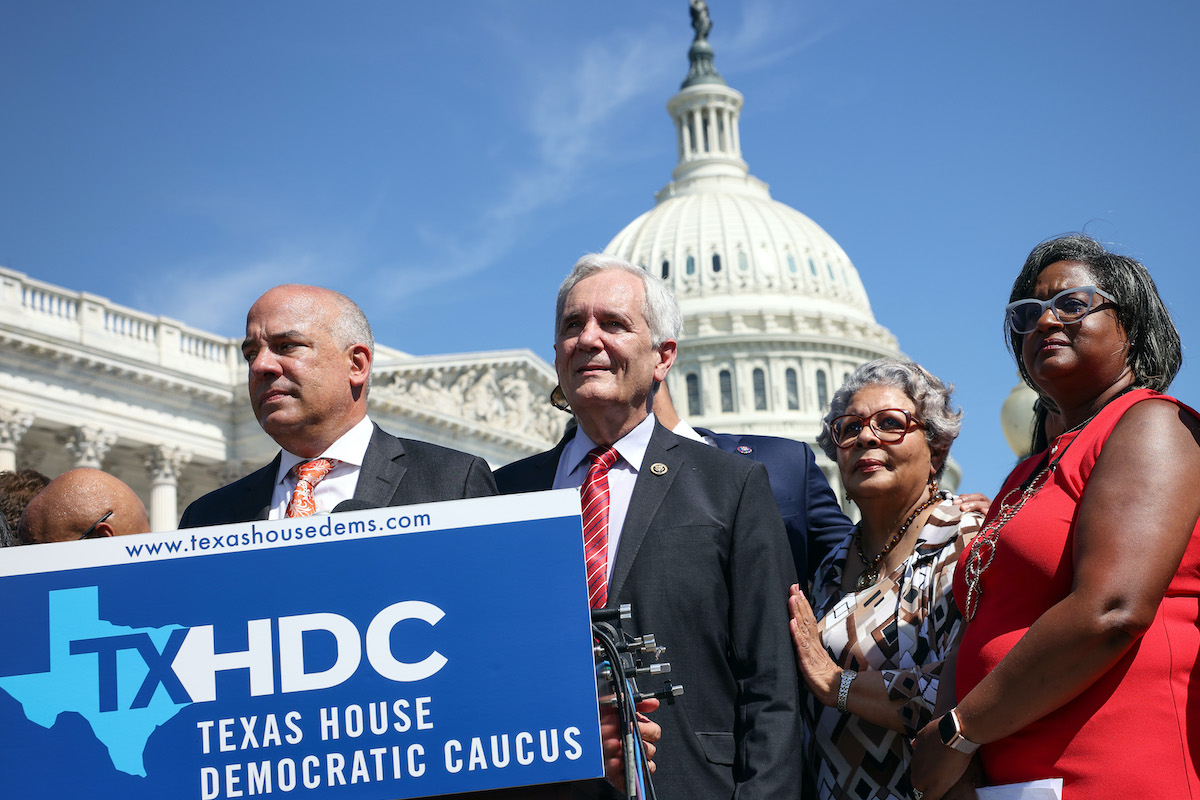 Texas State Democrats (L-R) Democratic Chair Rep. Chris Turner (TX-101), Rep. Rafael Anchia (TX-103), Rep. Senfronia Thompson (TX-141), and Rep. Rhetta Bowers (TX-113) speak during a news conference on voting rights outside the U.S. Capitol