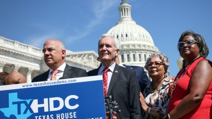 Texas State Democrats (L-R) Democratic Chair Rep. Chris Turner (TX-101), Rep. Rafael Anchia (TX-103), Rep. Senfronia Thompson (TX-141), and Rep. Rhetta Bowers (TX-113) speak during a news conference on voting rights outside the U.S. Capitol