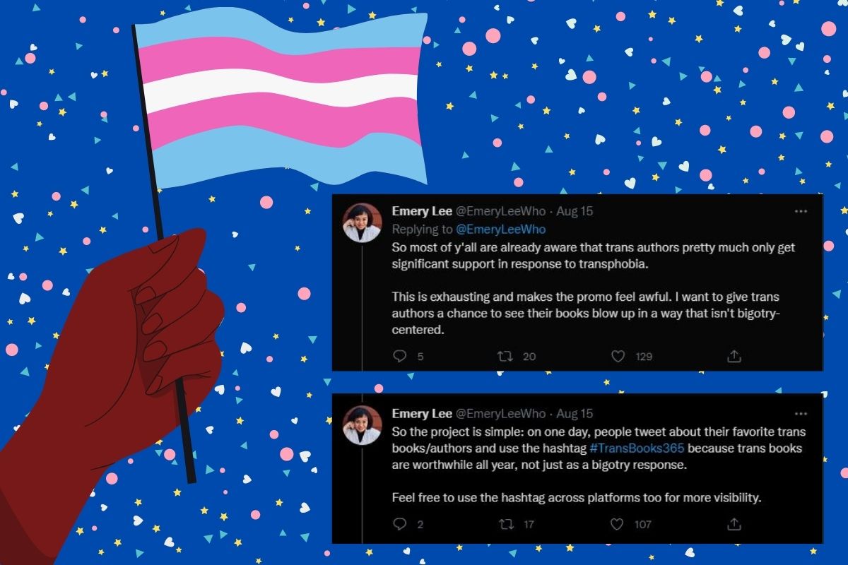 A Brown hand holding a trans flag next to tweets by author Emery Lee. (Image: @EmeryLeeWho and Alyssa Shotwell.)