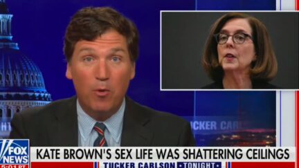 Tucker Carlson makes an exaggerated expression while talking about Kate Brown's 'sex life'