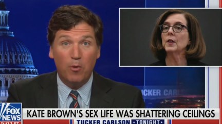 Tucker Carlson makes an exaggerated expression while talking about Kate Brown's 'sex life'