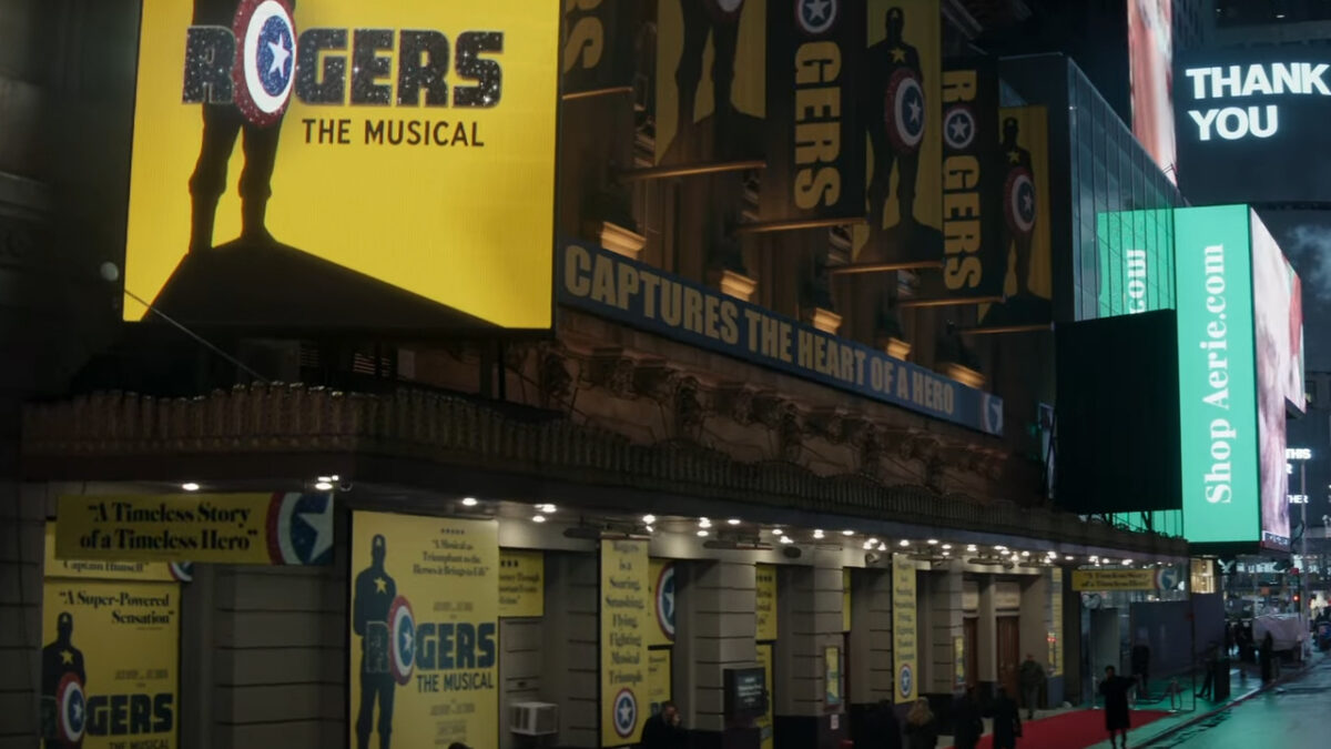 A theater in New York decked out in Rogers: The Musical posters featuring Steve Rogers' Captain America.