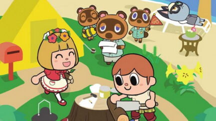 Animal Crossing manga cover image featuring villagers cutting wood, and Tom Nook, Timmy, and Tommy watching in the distance.