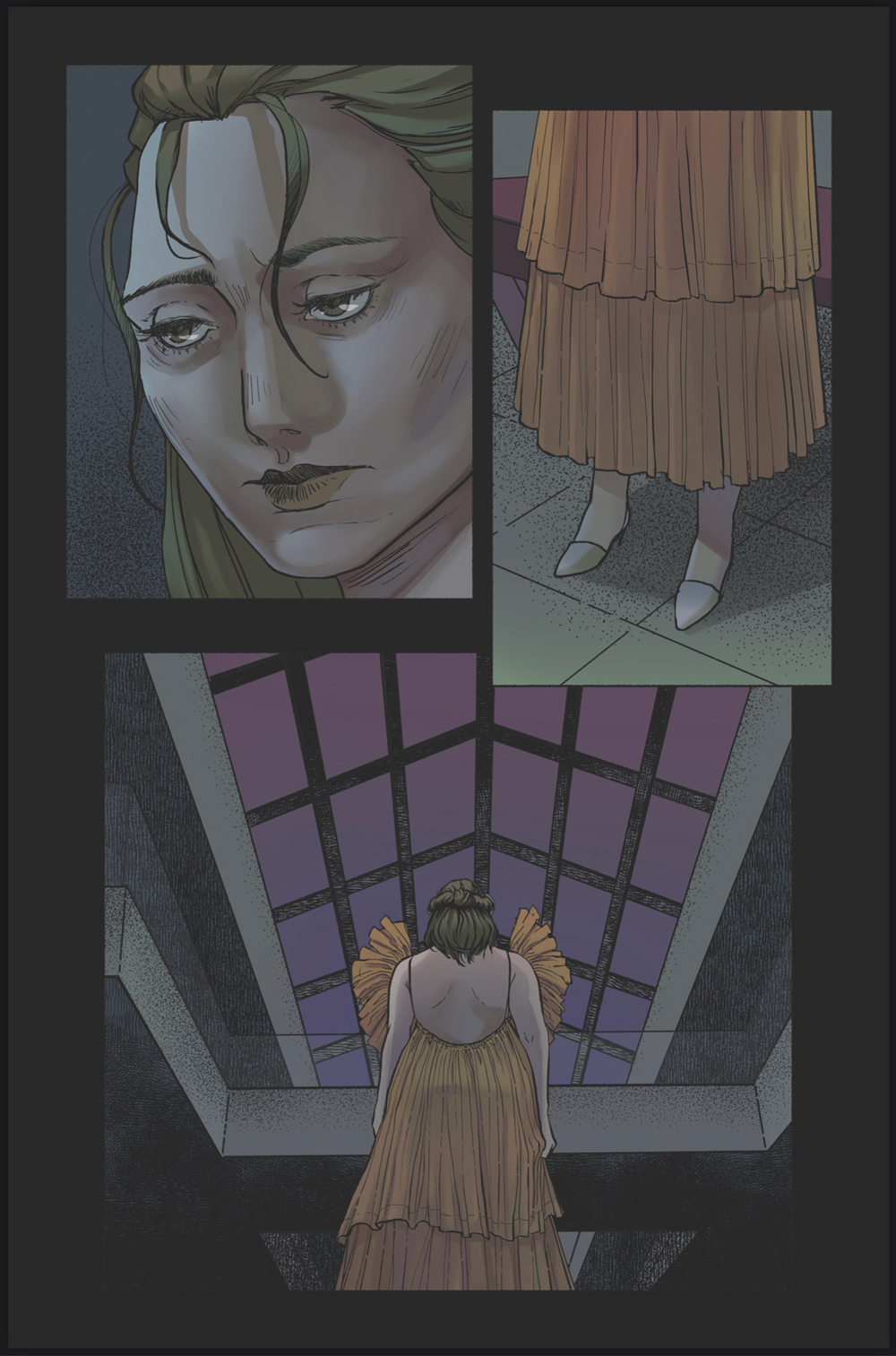 Page for "Grieving Mall" by graphic novelist R. Alan Brooks and artist Sarah Menzel Trapl.