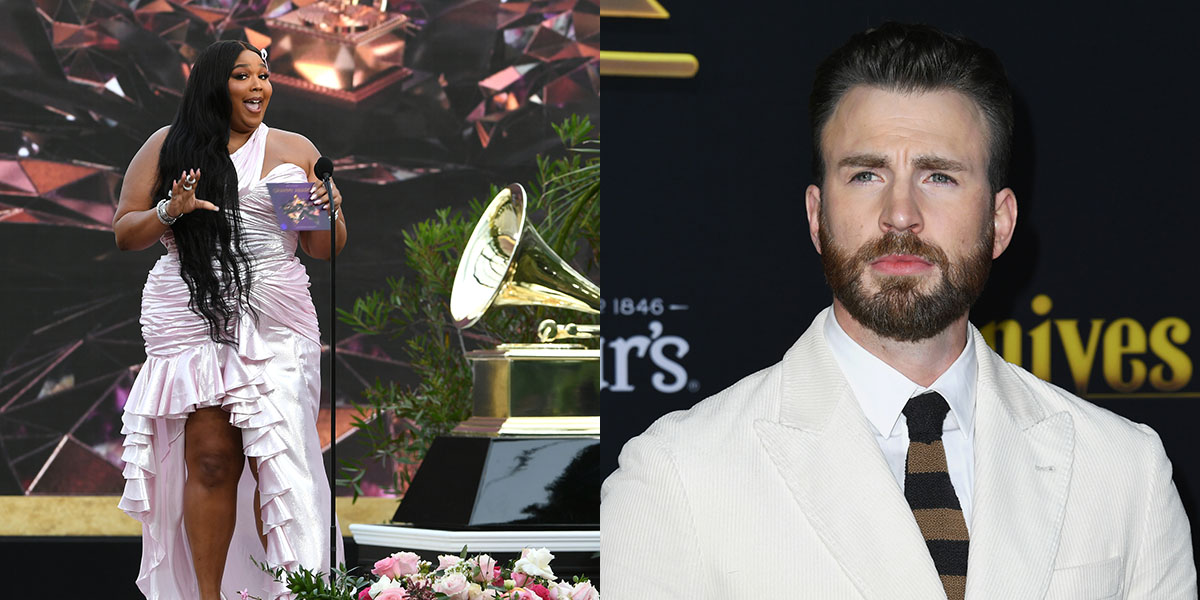 Chris Evans and Lizzo in press photos.