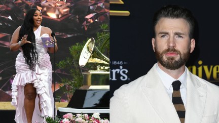 Chris Evans and Lizzo in press photos.