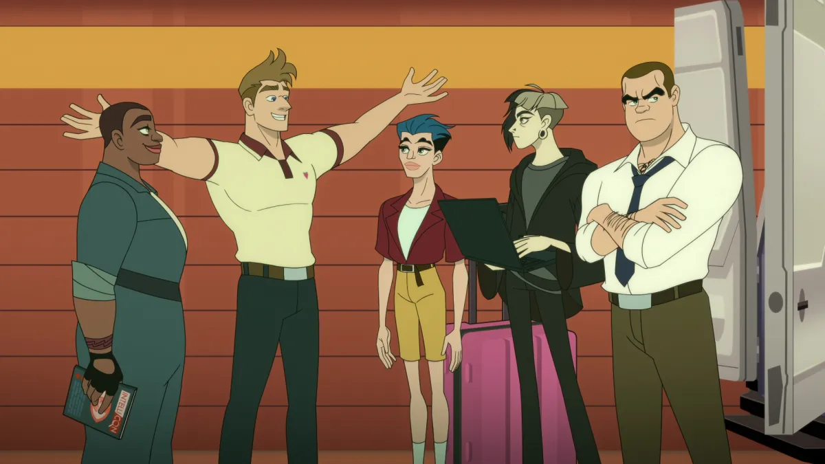 An animated group of queer people have a lively conversation while standing behind a van on "Q-Force"
