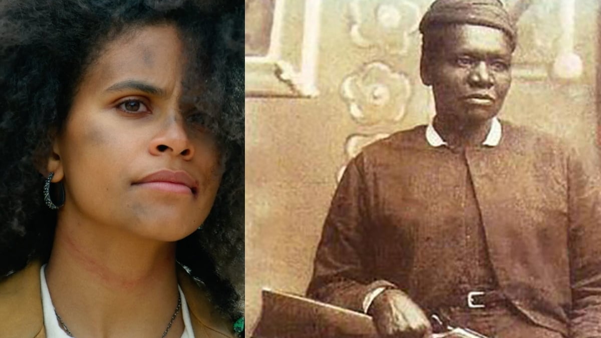 Zazie Beetz as Stagecoach Mary, side by side with the real Stagecoach Mary.