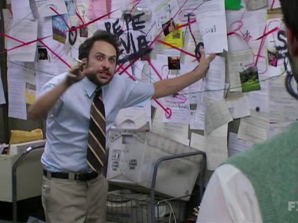 An image of the conspiracy board from 'It's Always Sunny in Philadelphia'