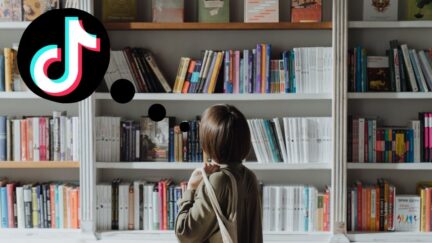 Woman shopping for books, thinking about Tiktok. (Image: Alyssa Shotwell, TikTok.)