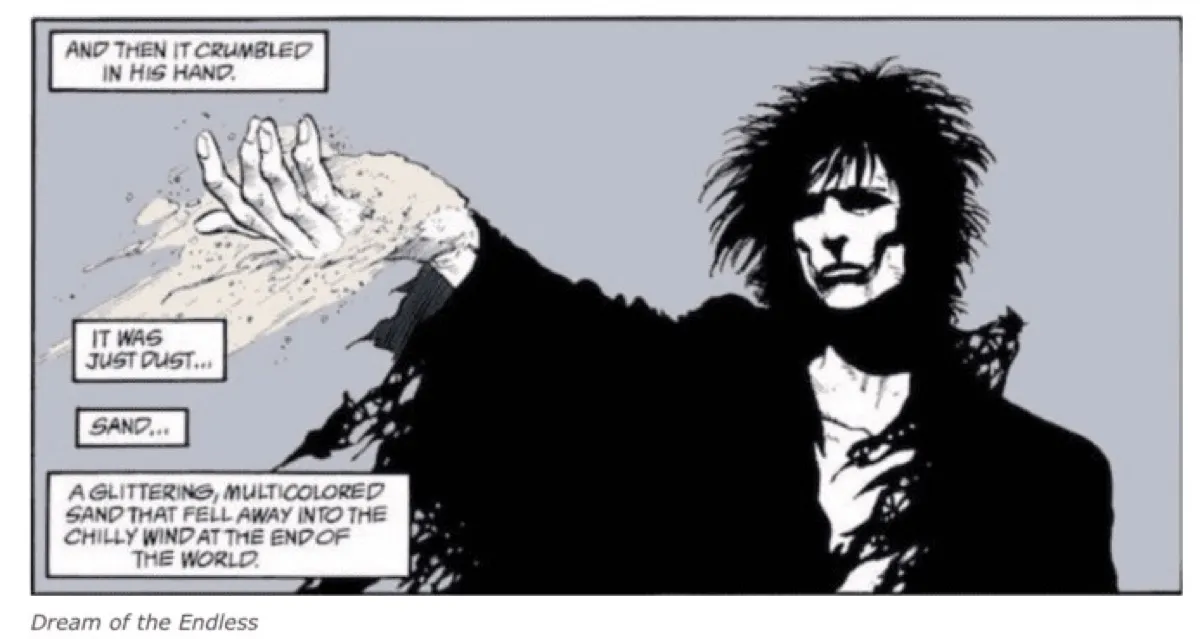 Morpheus speaking and letting sand fall from his hand in Neil Gaiman's The Sandman.