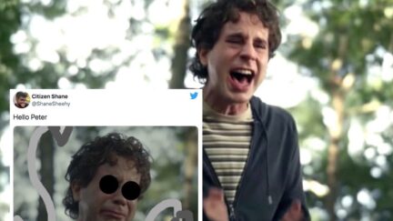Ben Platt as Evan Hansen screaming in the woods in Dear Evan Hansen. A tweet depicting him as Doctor Octopus in the Spider-Man: No Way Home trailer is overlaid.