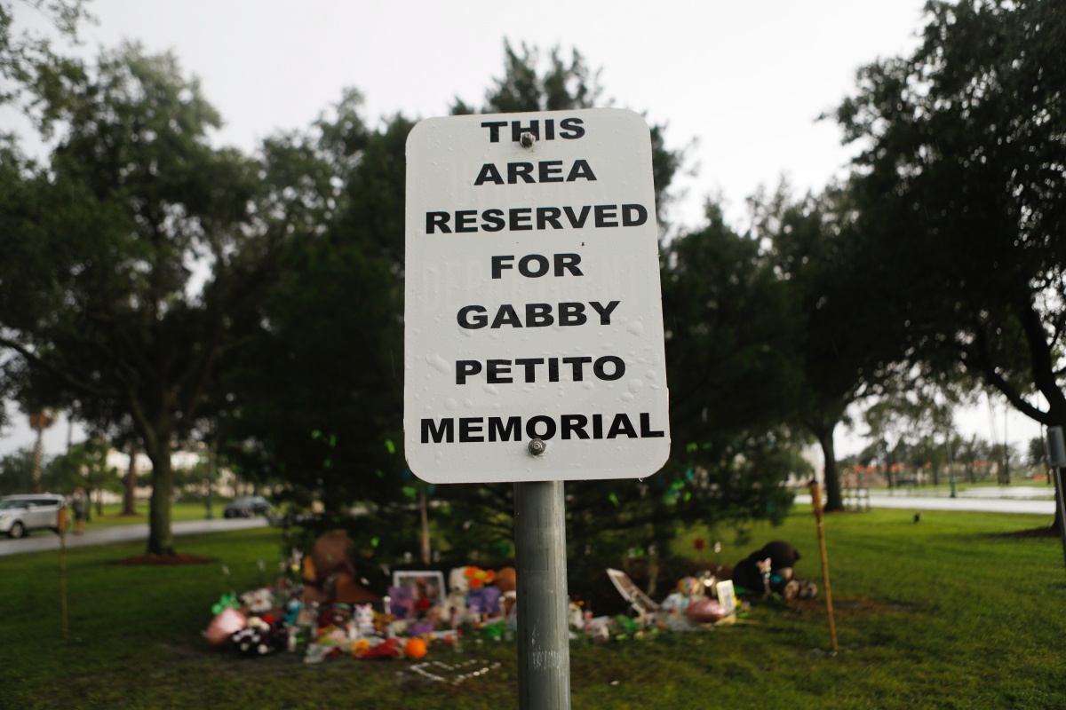 NORTH PORT, FLORIDA - SEPTEMBER 21: A makeshift memorial dedicated to Gabby Petito is located near the North Port City Hall on September 21, 2021 in North Port, Florida. The body of Petito was found by authorities in Wyoming, where she went missing while on a cross-country trip with her fiance, Brian Laundrie. Law enforcement agencies are for searching for his whereabouts. (Photo by Octavio Jones/Getty Images)