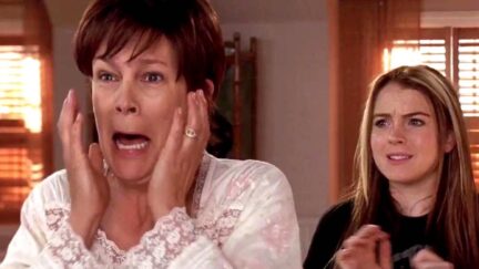 Jamie Lee Curtis screaming about being old as Lindsay Lohan watches, cringing, in Freaky Friday.
