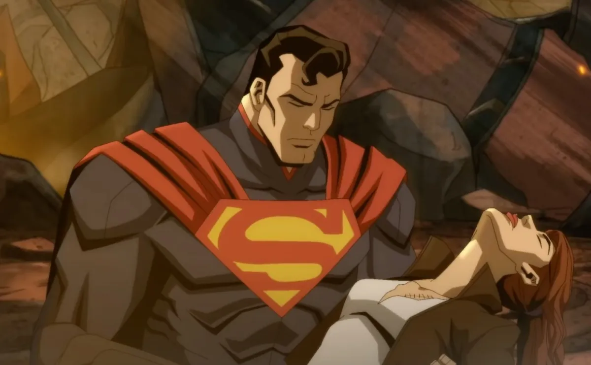screenshot from the upcoming injustice film with Superman holding a dead Lois Lane—yikes