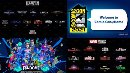 Compilation of online fan events Disney investor day, Comic-Con at Home, and DC Fandome.