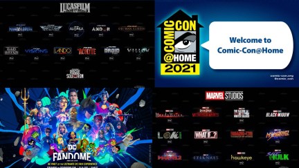 Compilation of online fan events Disney investor day, Comic-Con at Home, and DC Fandome.
