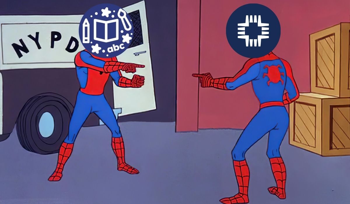 Two spiderman pointing at eachother meme from the cartoon, except their heads are replaced with the logo of Concordia University (Nebraska) and the Plum Creek Literacy Festival. (Image: CUNE/Plum Creek Literacy Festival, Sony/Marvel, and Alyssa Shotwell.)
