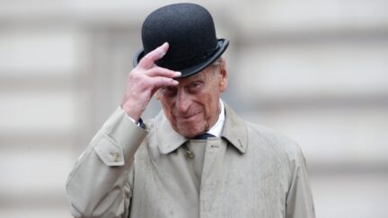 LONDON, ENGLAND - AUGUST 2: Prince Philip, Duke of Edinburgh raises his hat in his role as Captain General, Royal Marines, makes his final individual public engagement as he attends a parade to mark the finale of the 1664 Global Challenge, on the Buckingham Palace Forecourt on August 2, 2017 in London, England. (Photo by Yui Mok - WPA Pool/Getty Images)