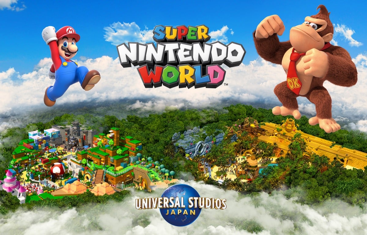 Super Nintendo World logo and an image of the park from the air, with its Mario and Donkey Kong sections. Mario and Donkey Kong stand in the foreground.