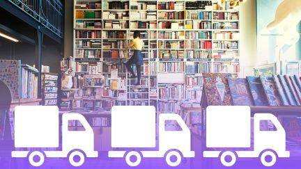 Bookshop with truck icons in front showing supply. (Image: Canva and Ksenia Chernaya from Pexels.)
