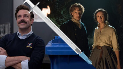 Ted Lasso Show and Outlander Show separated by a needle. (Image: Apple+ and Starz.)