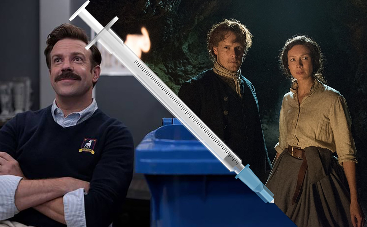 Ted Lasso Show and Outlander Show separated by a needle. (Image: Apple+ and Starz.)